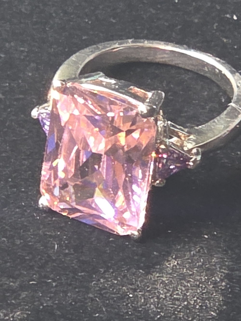 Pink Emerald Cut Cocktail Ring with Purple Accent Stones